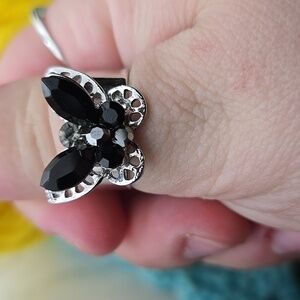 Fashion butterfly costume adjustable silver ring with black stones